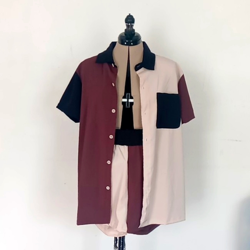 Crepe Knit Color Block Button up Shirt and Shorts 2 Piece Set